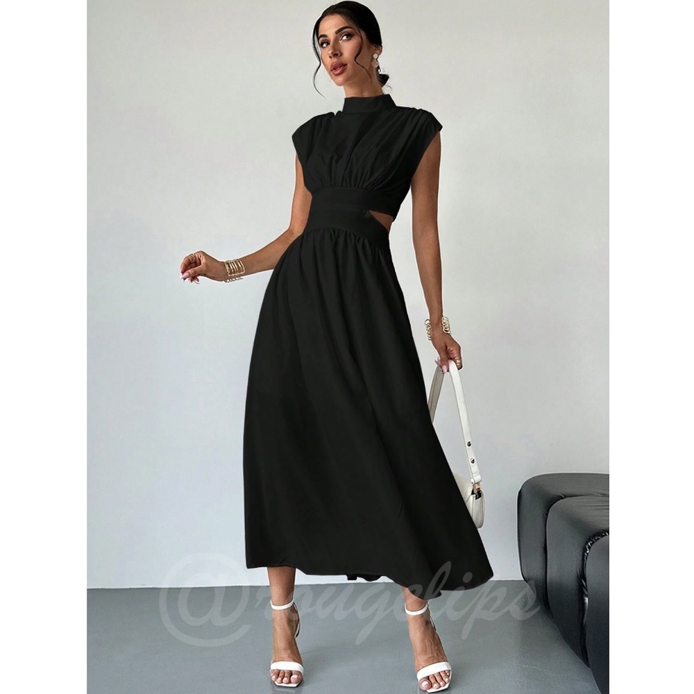 Black Long Dress High Neck Cut Out Back Flared Skirt Sleeveless - Picture 7 of 10